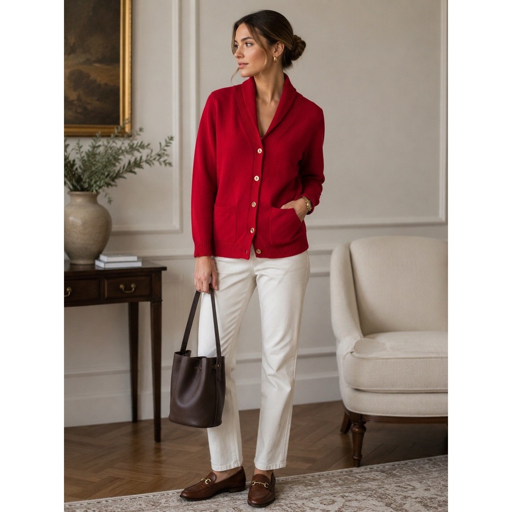Lauren Ralph Lauren Red Cotton Shawl Collar Cardigan Sweater Gold‎ Buttons Large